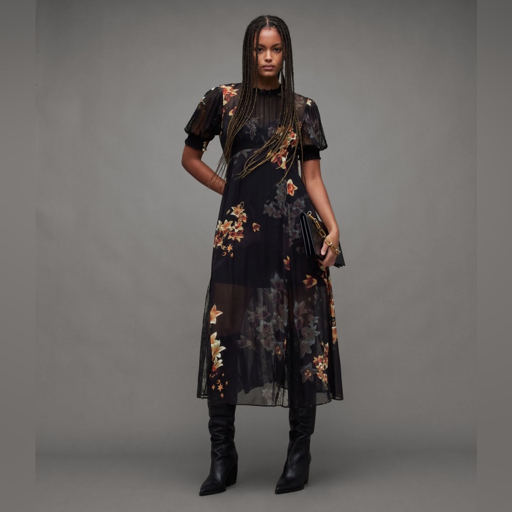 AllSaints Black Floral Sheer Midi Dress